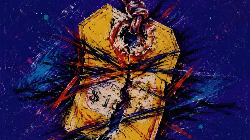 Torn Valuation A warped price tag trapped in chaotic marks, representing fear-driven undercharging and a breakdown