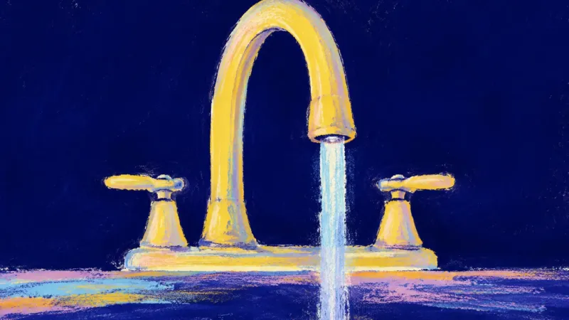 Measured Flow A restored faucet with one steady pour, representing paced follow-through, manageable routines, and