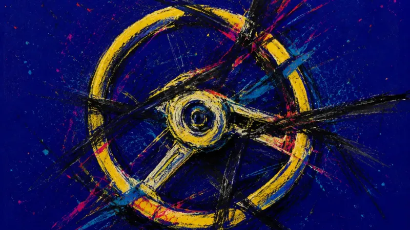 Strangled Direction A distorted steering wheel choked by crossing marks, representing overload, split focus, and the pr