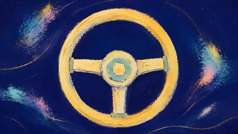 Held Direction A balanced steering wheel with centered spokes, representing a side hustle becoming a sustainable bu