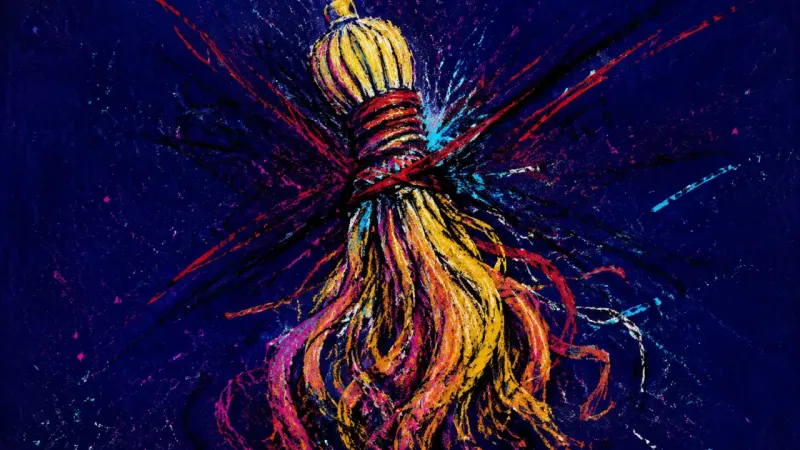 A tassel crushed into knots and chaotic cuts, representing aging shame, comparison loops, andcomp
