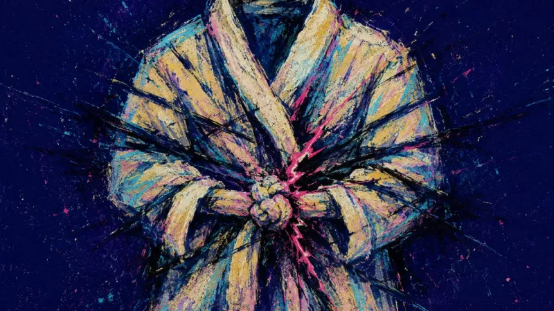 Tied Too Tight A bathrobe is pulled into a harsh knot and crowded by chaotic lines, symbolizing pressure, overth