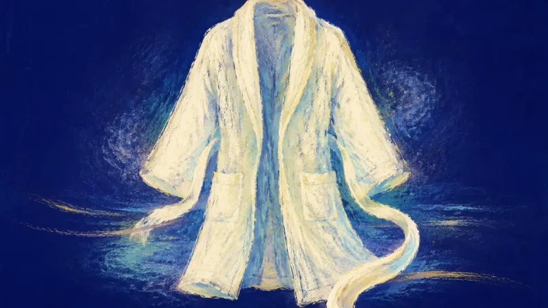 Unknotted Quiet A bathrobe opens into a balanced shape with its tie released, symbolizing a clear choice, restored