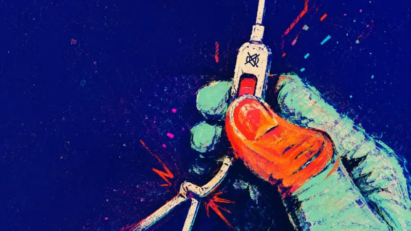 A thumb crushing a headset mute switch while the cord twists into the grip, symbolizing a freeze les