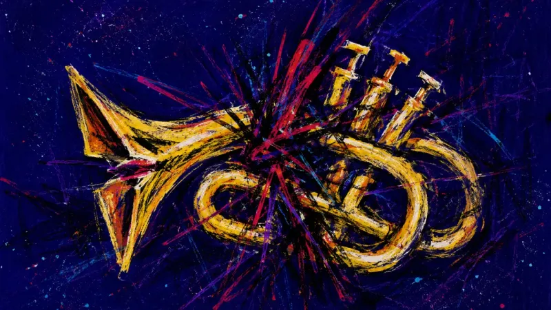 A distorted trumpet bound by chaotic marks, representing the freeze response and self-silencing trig