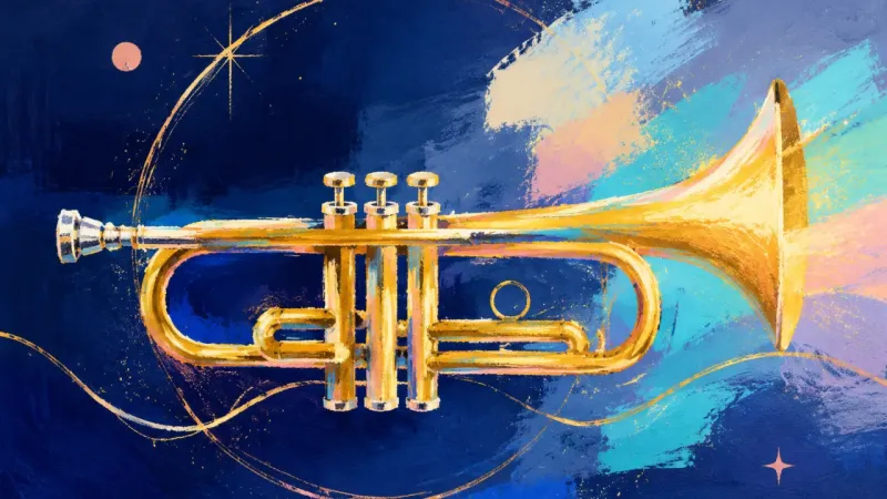 A trumpet restored to a clean open form, representing a grounded pause, clear response, andprotected