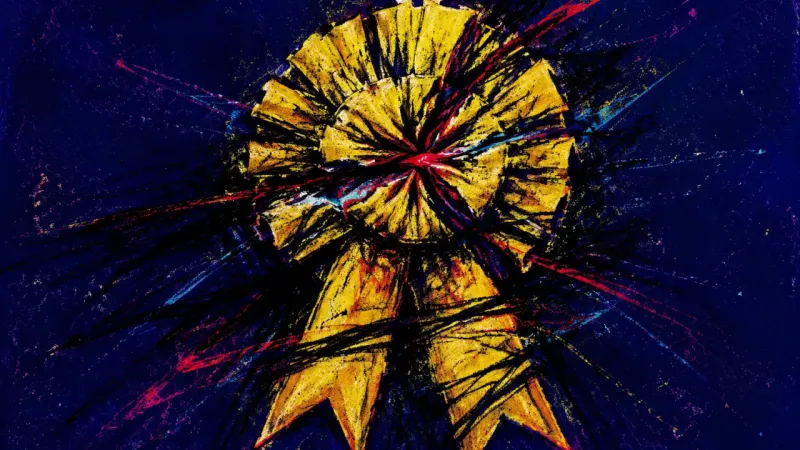 Crushed Applause An award rosette collapsed into tangled pressure, representing people-pleasing driven by performance