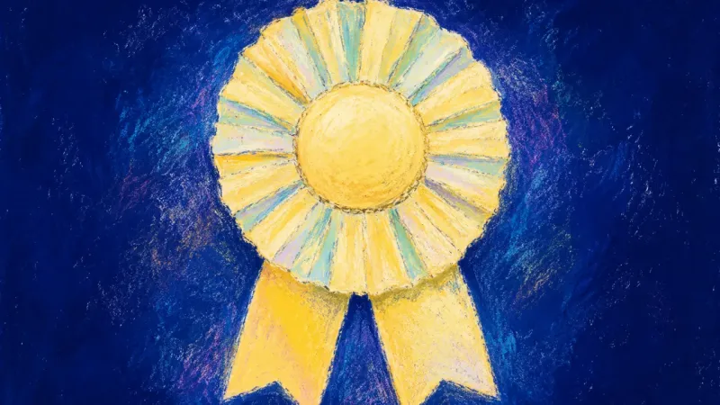 Reclaimed Center An award rosette reopened into balanced symmetry, representing people-pleasing easing into self-tr