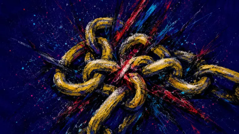 Closed Link An abstract chain twisted into a suffocating knot, expressing social shame, self-protection, and the