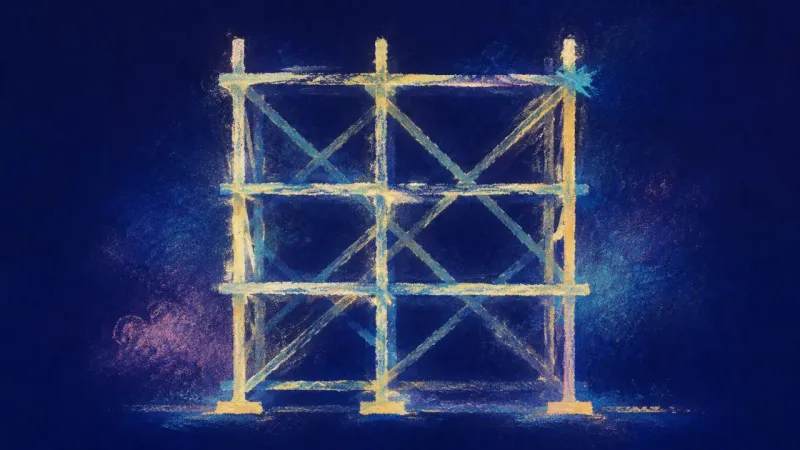 Rebuilt Scaffold An abstract representation of writer’s block easing, where structure returns, space opens, and awork