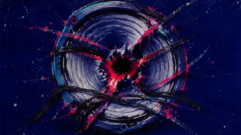 Muted Center A speaker cone caved inward and tangled in chaotic lines, representing overapologizing, shame,