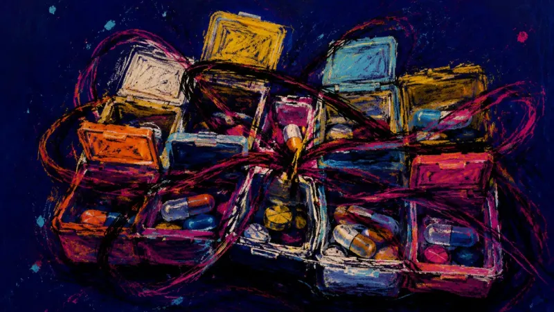 Seized Compartments A pill organizer distorted into a chaotic grid, symbolizing overwhelm from trying to manage work, m