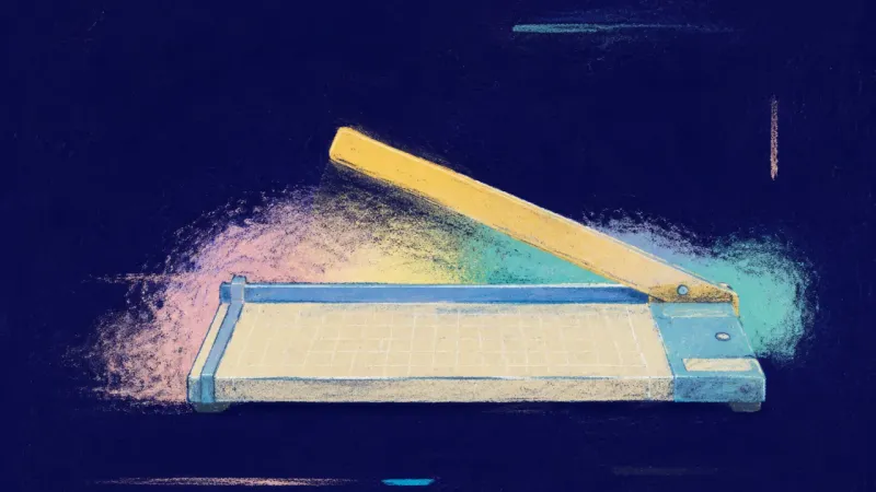 Clean Division An abstract paper cutter restored to a clean aligned form, reflecting calm boundaries, direct action