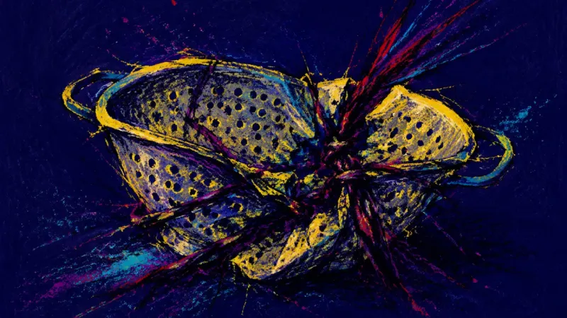 Choked Rhythm A warped colander trapped in chaotic lines, symbolizing burnout-driven domestic shutdown and harsh s