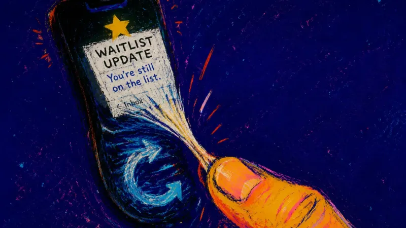 The Refresh Reflex A thumb drags the same starred waitlist email downward again on a phone, symbolizing the panic loope