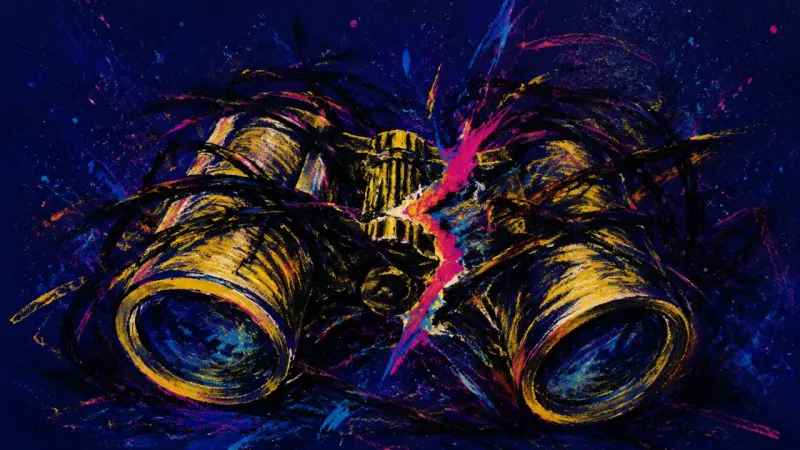 Fractured Focus Twisted binoculars crossed by chaotic lines, symbolizing choice paralysis, compulsive checking, and