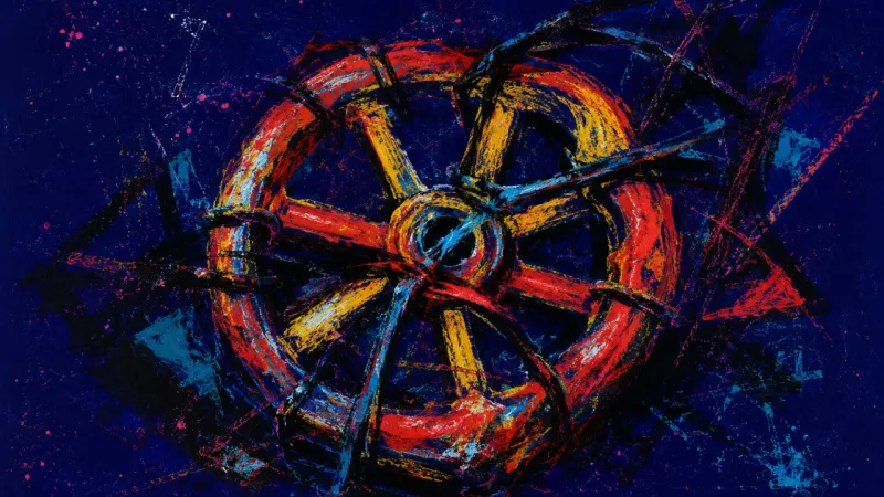 Seized Flow A warped valve wheel tangled in chaotic lines, representing burnout from over-monitoring and the col