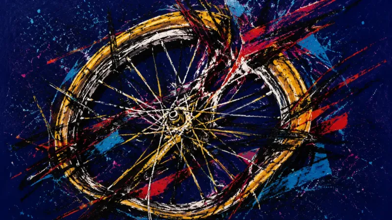 A warped bike wheel tangled in harsh lines, representing resentment and the strain of staying agre