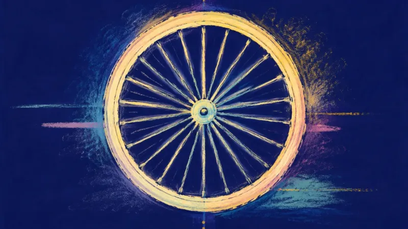 A restored bike wheel with clear spokes and open order, representing calm accountability and self