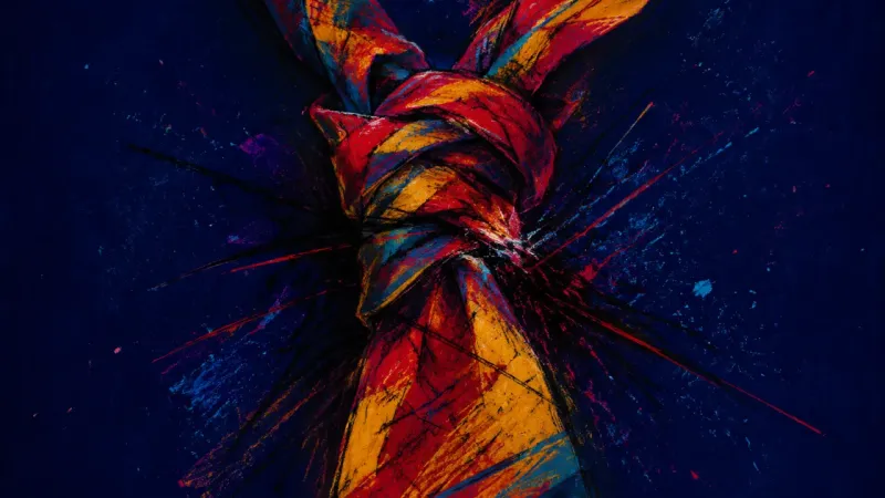 A distorted necktie crushed by chaotic pressure, representing self-doubt and performative anxiety