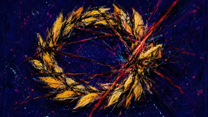 A distorted wreath surrounded by jagged lines, symbolizing impostor syndrome after praise and a mind