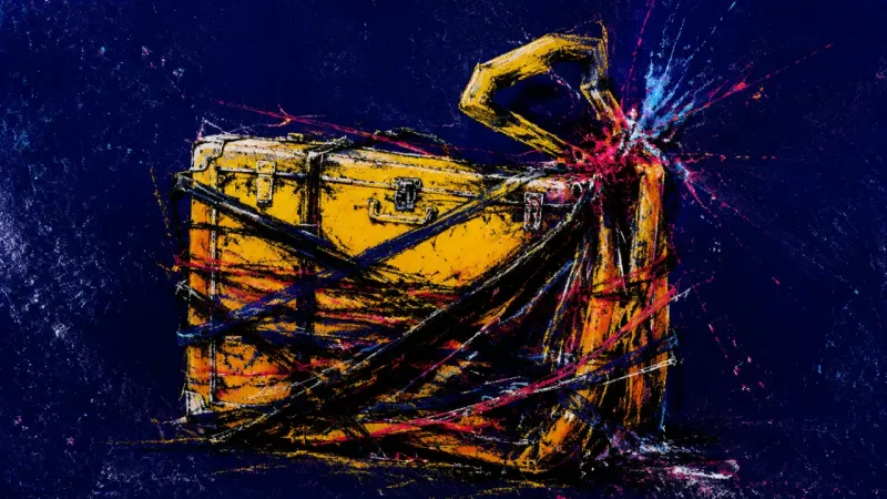 Crushed Capacity A suitcase twisted and buckled under crossing pressure, expressing the promotion-burnout trap, over