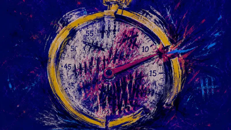 A warped timer trapped in chaotic marks, representing study-break guilt, constant self-scoring, and