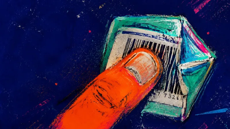 A thumb covers a grocery barcode as the item stalls in a repeated half-turn, symbolizing self-checkt
