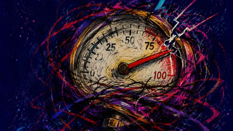 A warped pressure gauge trapped in chaotic lines, symbolizing the money-and-food control loop where