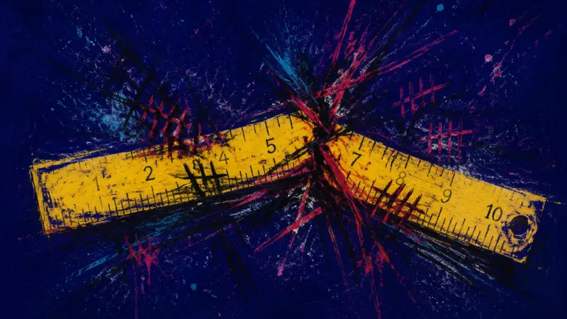An abstract ruler bent out of line and crowded by harsh marks, representing jealousy, social surveil