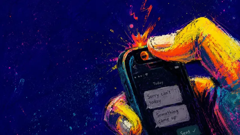 A thumb forcing a phone into silent mode after a quick excuse, reflecting guilt-driven avoidance of