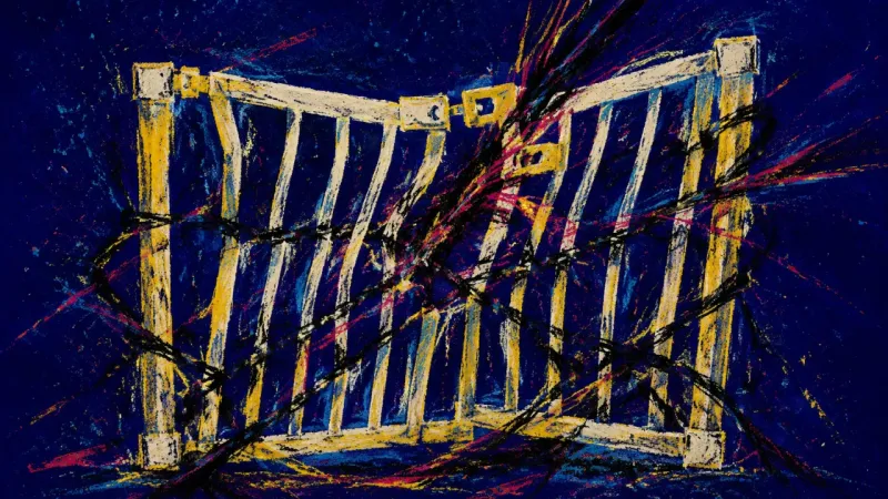 A distorted baby gate under chaotic pressure, representing guilt-driven people-pleasing and the trap
