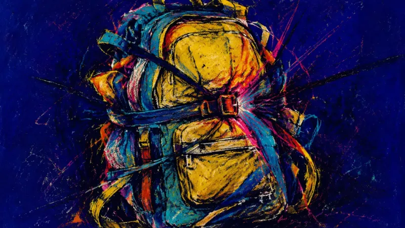 Burden of Proof A distorted backpack bound by chaotic lines, representing identity clutter, delayed choices, and the