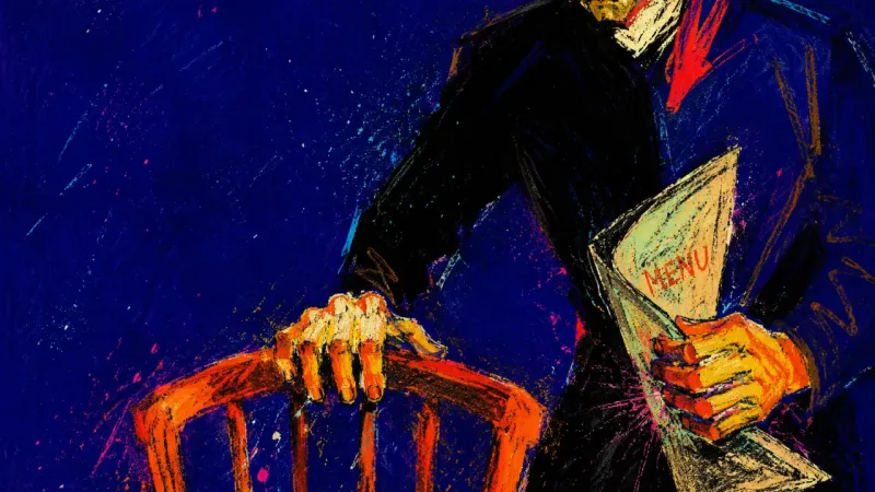 The Uninvited Third An abbreviated torso grips a third chair while crushing a folded menu, symbolizing a date boundary’s