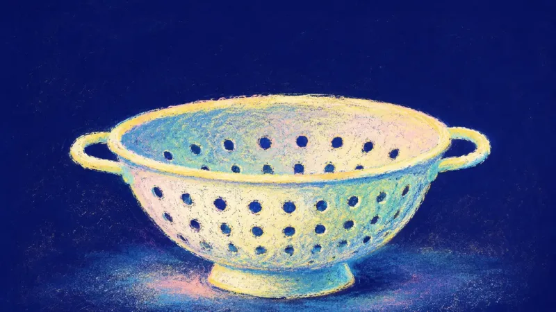 A restored colander represents resolved money-boundary tension, where privacy and connection coexist