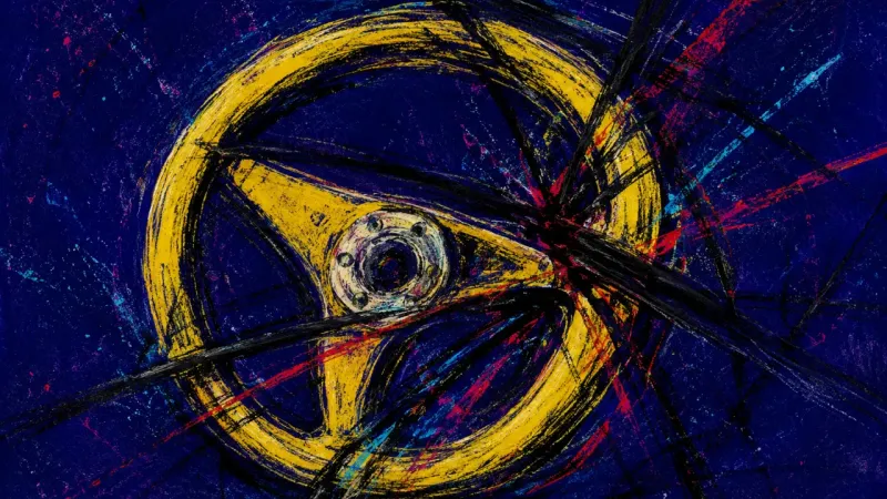 Locked Rotation A warped steering wheel trapped in chaotic marks, representing decision paralysis, scrutiny anxiety,