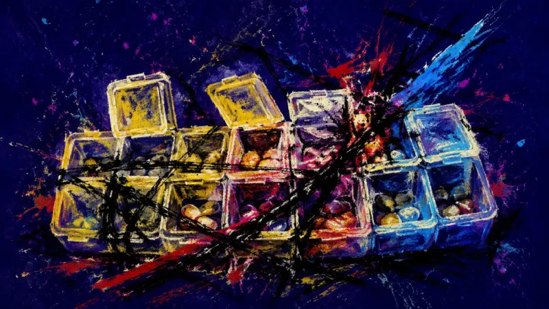 Compartment Panic A pill organizer warped and crowded by harsh crossing marks, representing wellness overload, self-d