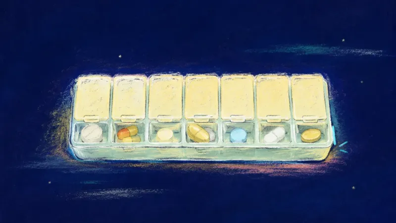 Steady Enough A pill organizer restored to a clear, even structure, representing self-trust, balanced care, and