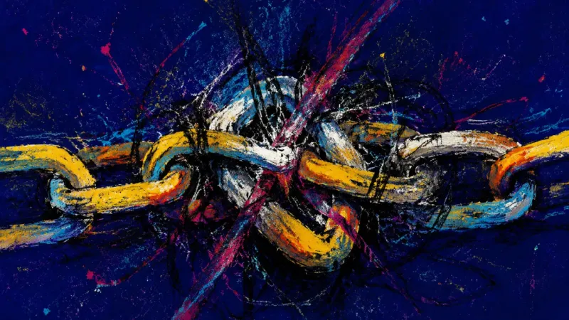 Knotted Obligation An abstract chain twisted into a choking knot, expressing money-shame panic, over-checking, and the