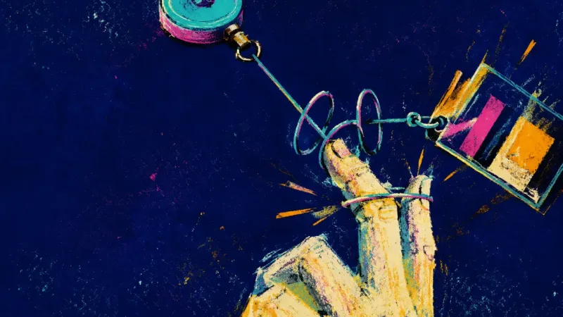 Access Under Tension A work badge reel pulled into hard loops around two fingers, reflecting career indecision and strain