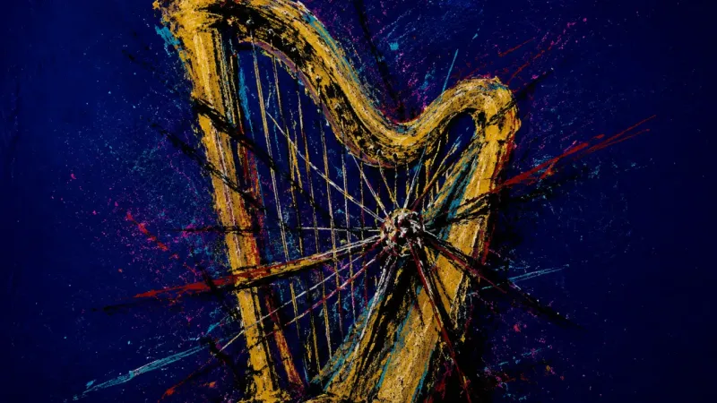 Strained Harmony An abstract harp crushed into crossed lines and knots, expressing career paralysis, fear of public