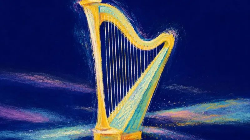 Restored Resonance An abstract harp restored to balanced open lines, expressing a values-led career choice and steadily