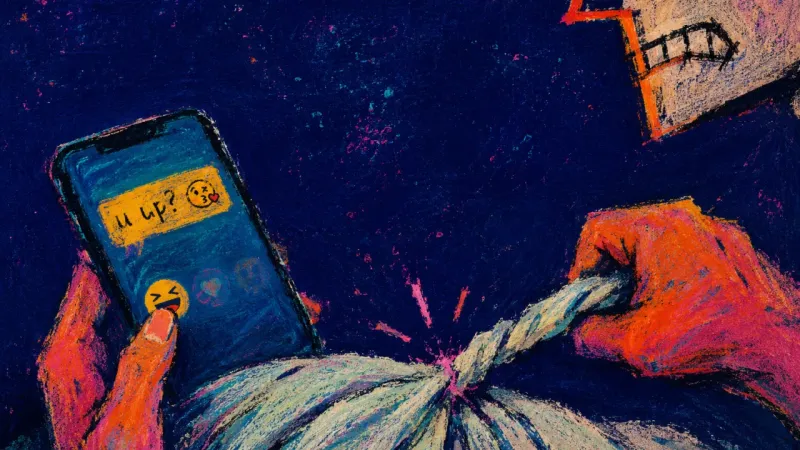A hand holds a flirty meme tag while the other twists a duvet edge tight, showing the private strain