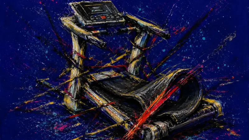 A warped treadmill tangled in frantic marks, expressing burnout, overcommitment, and the pressure t