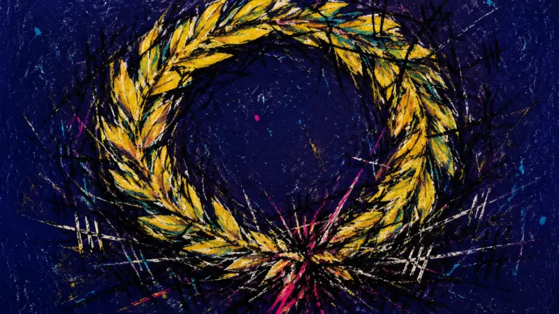 Unfinished Circle A warped wreath trapped in chaotic marks, representing graduation panic, choice paralysis, and feart
