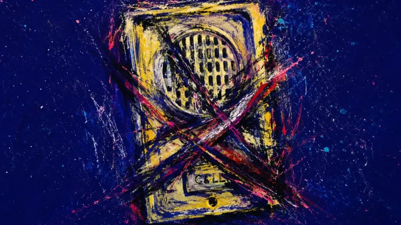 Jammed Signal A warped intercom with a crushed call button and blocked speaker grid, representing shutdown and f