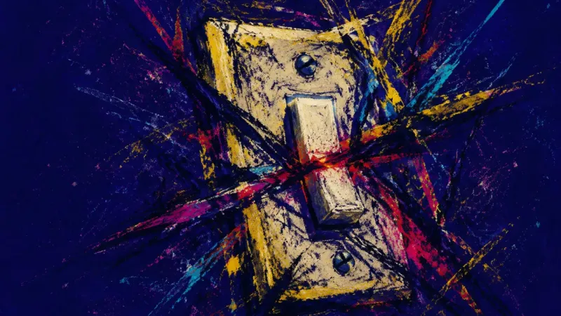 An abstract image of social decision paralysis, showing a simple choice jammed by overthinking and