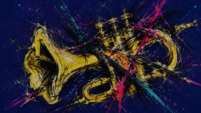 Jammed First Note A distorted trumpet trapped in chaotic lines, representing interview freeze, blocked self-expression