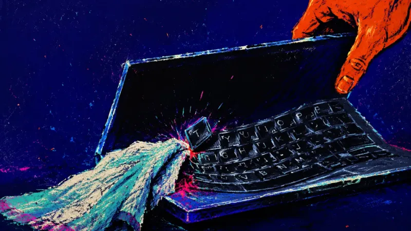 Midnight Audit A cleaning cloth dragged across a laptop keyboard beside an unfinished reply, symbolizing panic-prep