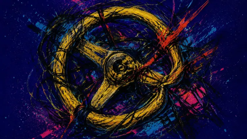 Seized Wheel A warped steering wheel bound by chaotic marks, representing sleep loss, work strain, and